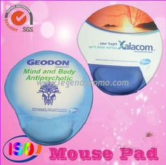 Promotional mouse pad with gel wrist rest for advisement